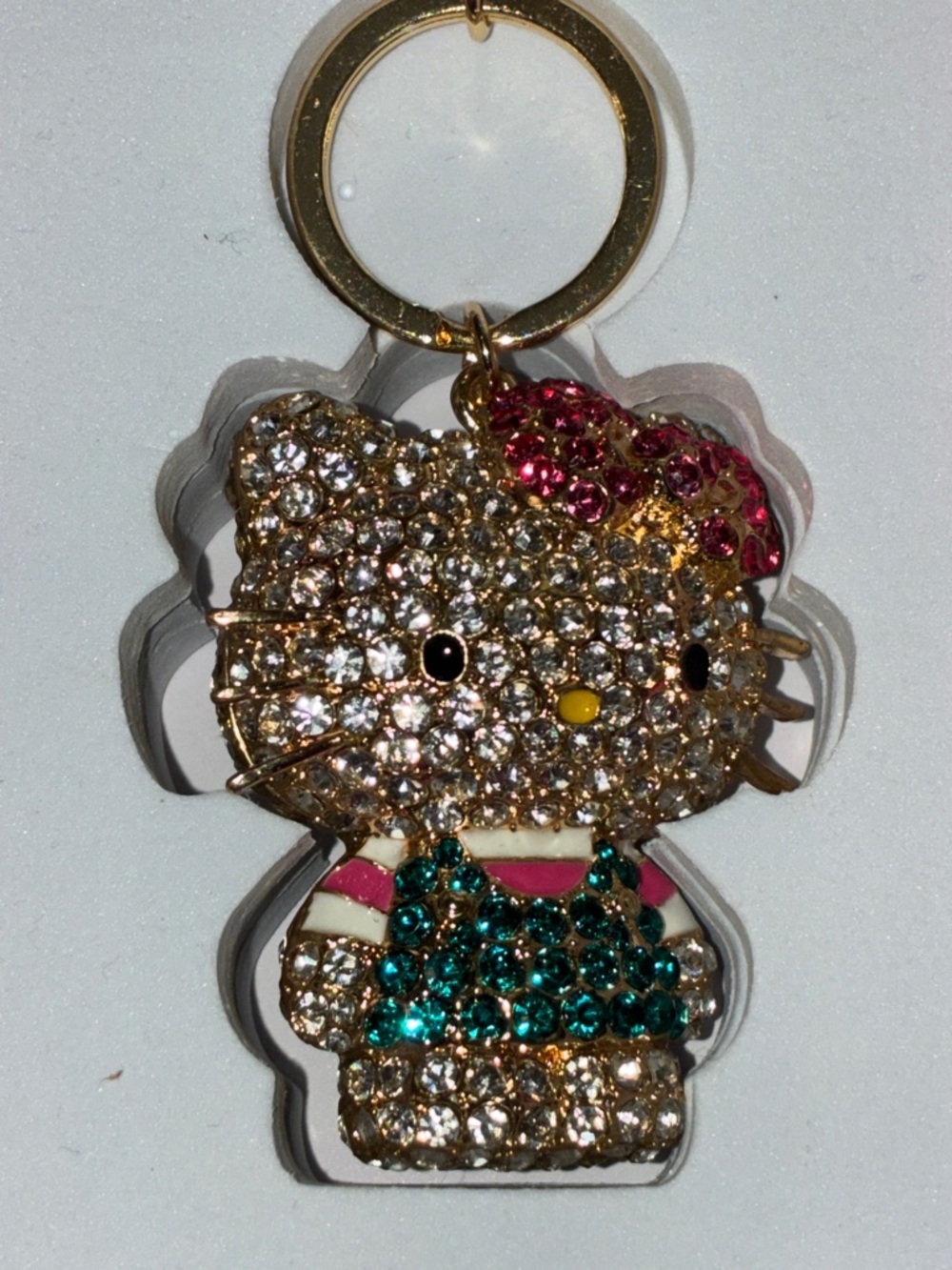 Hello Kitty Gold-Tone Crystal Keyring with Pink Bow and Teal Outfit - Picture 2 of 2